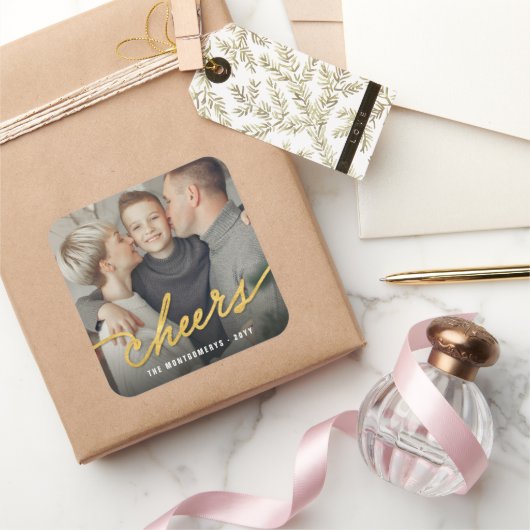 ゴールドフォイル応援書道スクリプトフォトホリデー スクエアシール (ギフト)