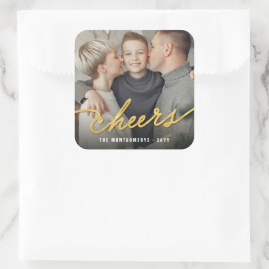 ゴールドフォイル応援書道スクリプトフォトホリデー スクエアシール (バッグ)