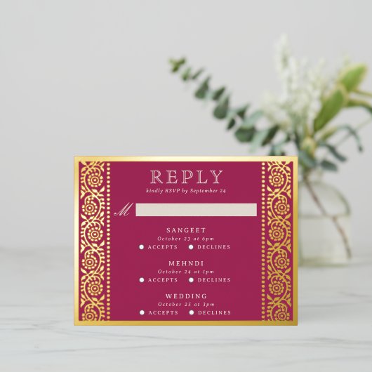 ゴールドフォイル数々のイベントフローラウェディングRSVPカード 箔招待状ポストカード (立ち正面)