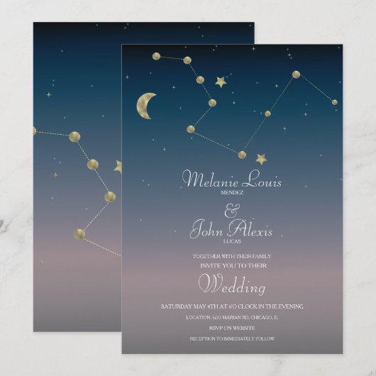 ゴールドフォイル月星座結婚式招待状 招待状 (正面/裏面)