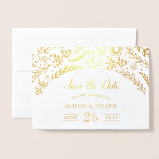 ゴールドフォイル植物性フローラ結婚式の日付を保存 箔カード (封筒付き正面)