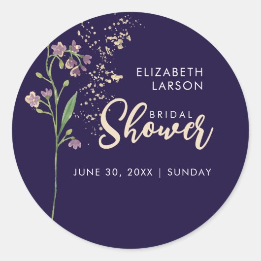 ゴールドフォイル水の色ワイルドフラワーブライダルシャワー ラウンドシール (正面)