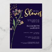 ゴールドフォイル水の色ワイルドフラワーブライダルシャワー 箔招待状 (正面)