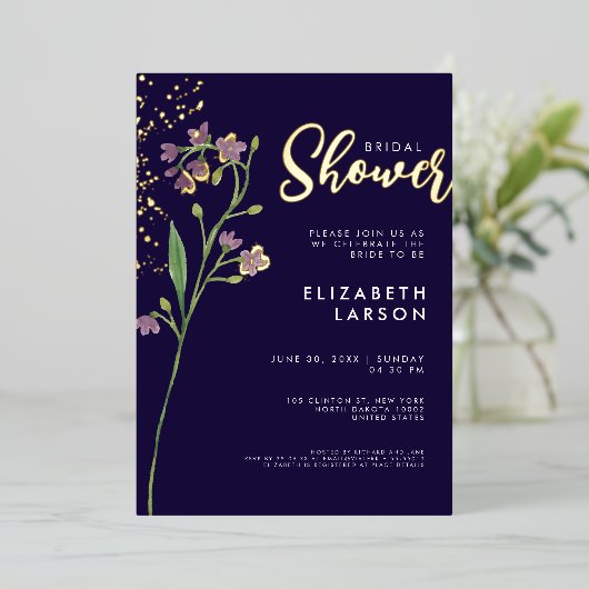 ゴールドフォイル水の色ワイルドフラワーブライダルシャワー 箔招待状 (立ち正面)