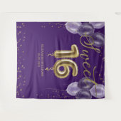 ゴールドフォイル甘い16バルーンパーティー紫の背景 タペストリー (正面(横))