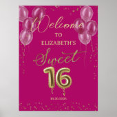 ゴールドフォイル甘い16バルーンピンクのウェルカムサイン ポスター (正面)