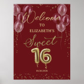 ゴールドフォイル甘い16バルーンBurgundyウェルカムサイン ポスター (正面)