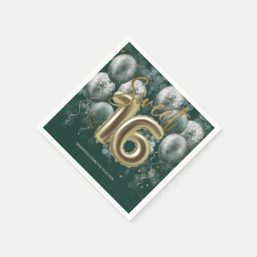 ゴールドフォイル甘い16日風船エメラルドグリーン スタンダードカクテルナプキン (角)