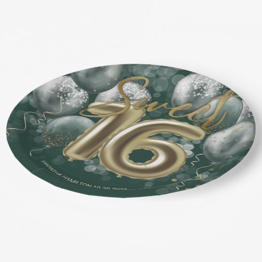 ゴールドフォイル甘い16日風船エメラルドグリーン ペーパープレート (アングル)