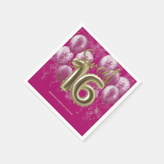 ゴールドフォイル甘い16日風船パーティーホットピンク スタンダードカクテルナプキン (角)