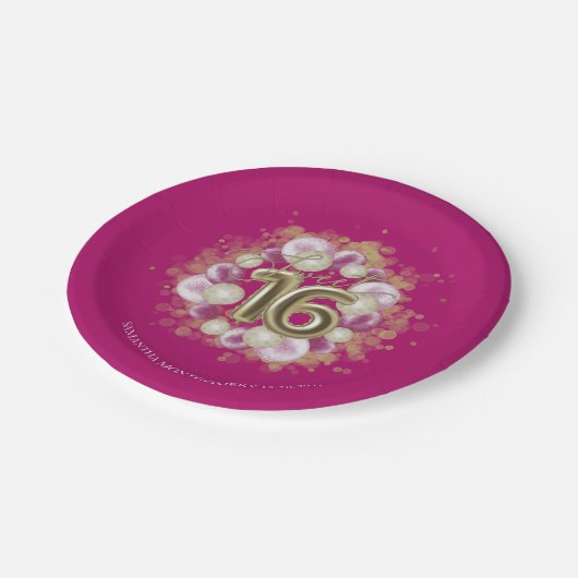 ゴールドフォイル甘い16日風船パーティーホットピンク ペーパープレート (アングル)