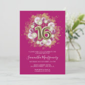 ゴールドフォイル甘い16日風船パーティーホットピンク 招待状 (スタンド正面)
