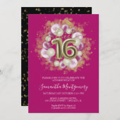ゴールドフォイル甘い16日風船パーティーホットピンク 招待状 (正面/裏面)