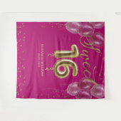 ゴールドフォイル甘い16日風船ホットピンク背景 タペストリー (正面(横))