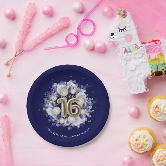 ゴールドフォイル甘い16 Bdayバルーンパーティーブ王室のルー ペーパープレート (パーティー)