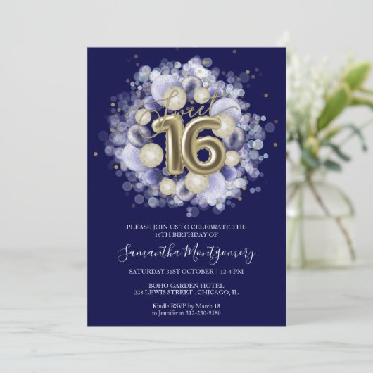 ゴールドフォイル甘い16 Bdayバルーンパーティーブ王室のルー 招待状 (スタンド正面)