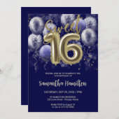 ゴールドフォイル甘い16 Bdayバルーンパーティーブ王室のルー 招待状 (正面/裏面)