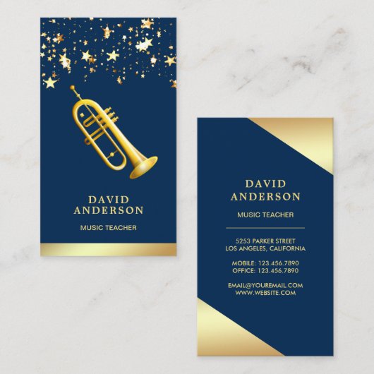 ゴールドフォイル紙吹雪エレガントトランペットミュージック先生 名刺 (正面/裏面)