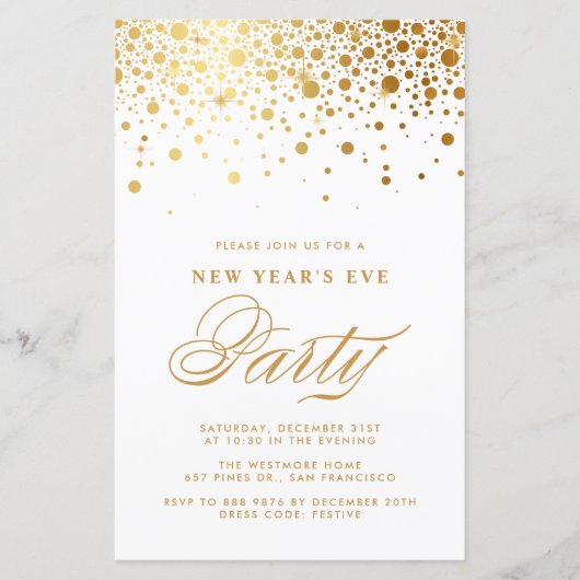 ゴールドフォイル紙吹雪新年のイブパーティの招待状 (正面)