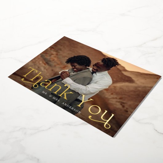 ゴールドフォイル結婚のフォトサンキューカード 箔招待状 (回転した状態)