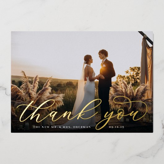 ゴールドフォイル結婚スクリプトの写真サンキューカード 箔招待状 (正面)