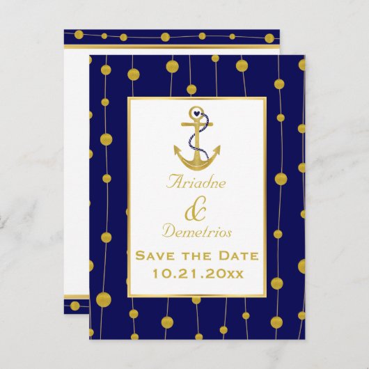 ゴールドフォイル航海のいかり結婚式日付を保存 案内ポストカード (正面/裏面)