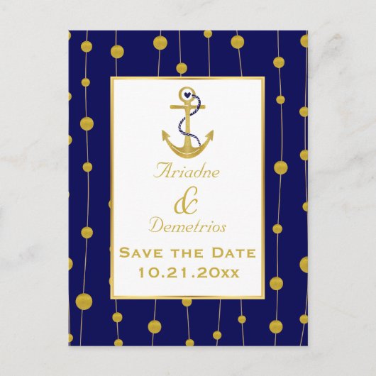 ゴールドフォイル航海のいかり結婚式日付を保存 案内ポストカード (正面)