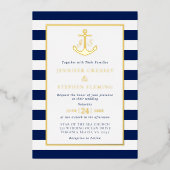 ゴールドフォイル航海のネイビーストライプいかり結婚ズ 箔招待状 (正面)
