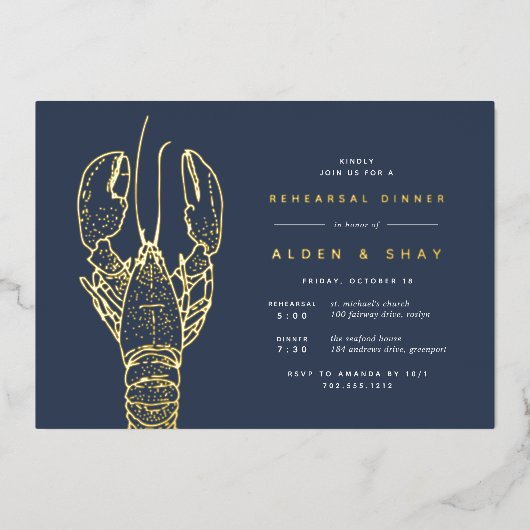 ゴールドフォイル航海のロブスターリハーサルディナー 箔招待状 (正面)