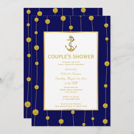 ゴールドフォイル航海の結婚いかりのカップルのシャワー 招待状 (正面/裏面)