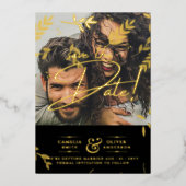 ゴールドフォイル葉フォトオ結婚ーレイの日付 箔招待状 (正面)