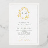 ゴールドフォイル葉付きセージ緑モノグラム結婚ズ 箔招待状 (正面)