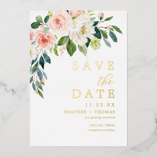 ゴールドフォイル赤面フローラ保存日 箔招待状 (正面)