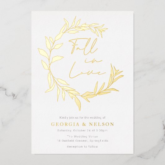 ゴールドフォイル離れリース秋インラブ結婚ズ 箔招待状 (正面)
