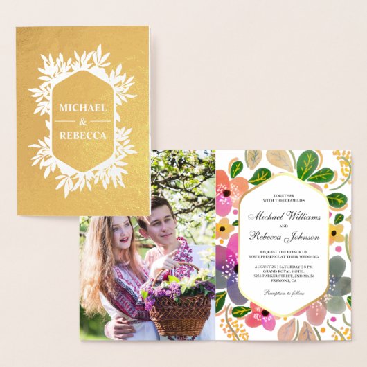 ゴールドフォイル鮮やかウォーターカラーフローラ結婚式の招待 箔カード (ディスプレー)