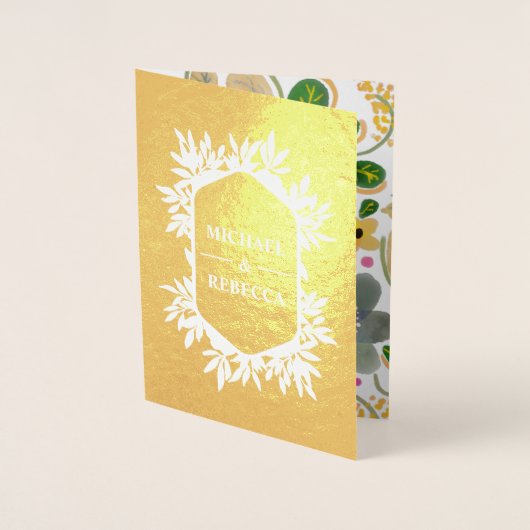 ゴールドフォイル鮮やかウォーターカラーフローラ結婚式の招待 箔カード (正面)