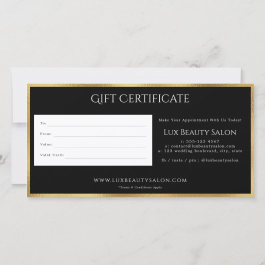 ゴールドフォイル黒ヴィンテージ渦巻きギフト証明書 (裏面)