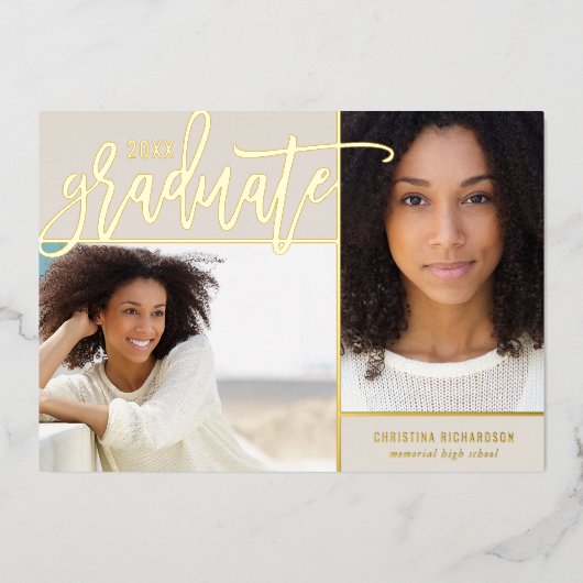 ゴールドフォイル2写真の卒業発表 箔招待状 (正面)