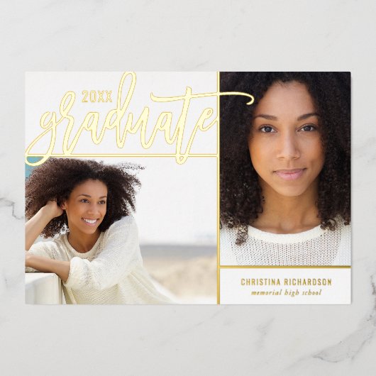 ゴールドフォイル2写真の卒業発表 箔招待状 (正面)
