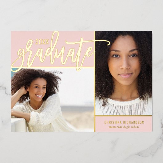 ゴールドフォイル2写真の卒業発表 箔招待状 (正面)