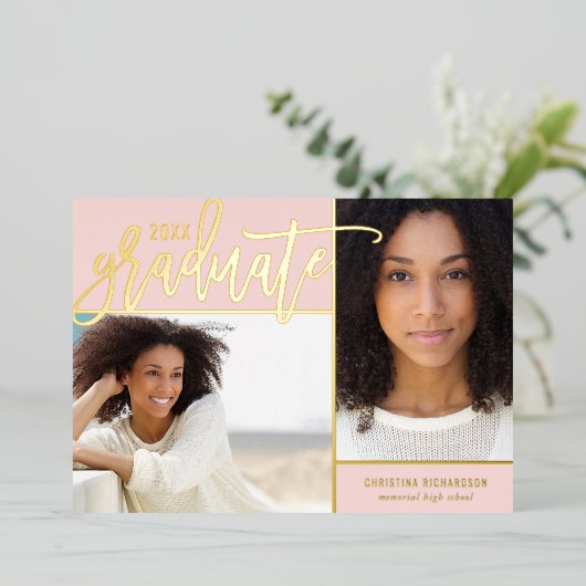 ゴールドフォイル2写真の卒業発表 箔招待状 (立ち正面)