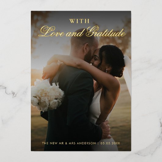 ゴールドフォイル2枚結婚の写真サンキューカード 箔招待状 (正面)