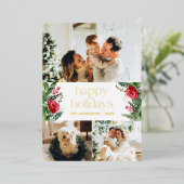 ゴールドフォイル3フォトウィンターエレガントグリーンリーホリデー 箔招待状 (立ち正面)