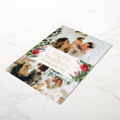 ゴールドフォイル3フォトウィンターエレガントグリーンリーホリデー 箔招待状 (回転した状態)