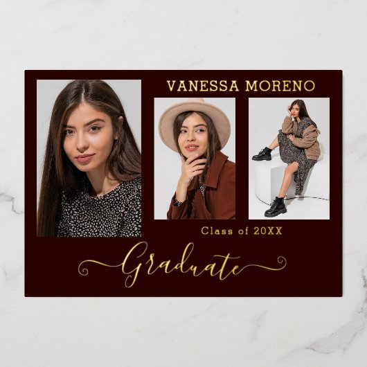 ゴールドフォイル3写真モダン書道グラードカードゲーム 箔招待状 (正面)