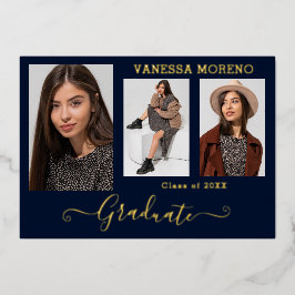 ゴールドフォイル3写真モダン書道グラードカードブルー 箔招待状