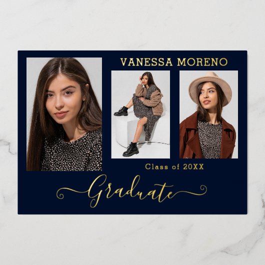 ゴールドフォイル3写真モダン書道グラードカードブルー 箔招待状 (正面)