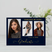 ゴールドフォイル3写真モダン書道グラードカードブルー 箔招待状 (立ち正面)