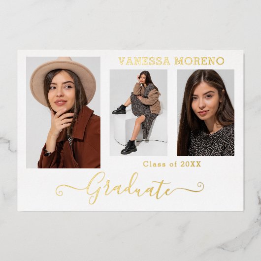 ゴールドフォイル3写真モダン書道グラードカード重量 箔招待状 (正面)