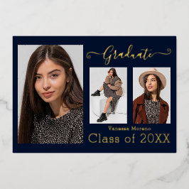 ゴールドフォイル3写真モダン書道ブルーグラードカード 箔招待状